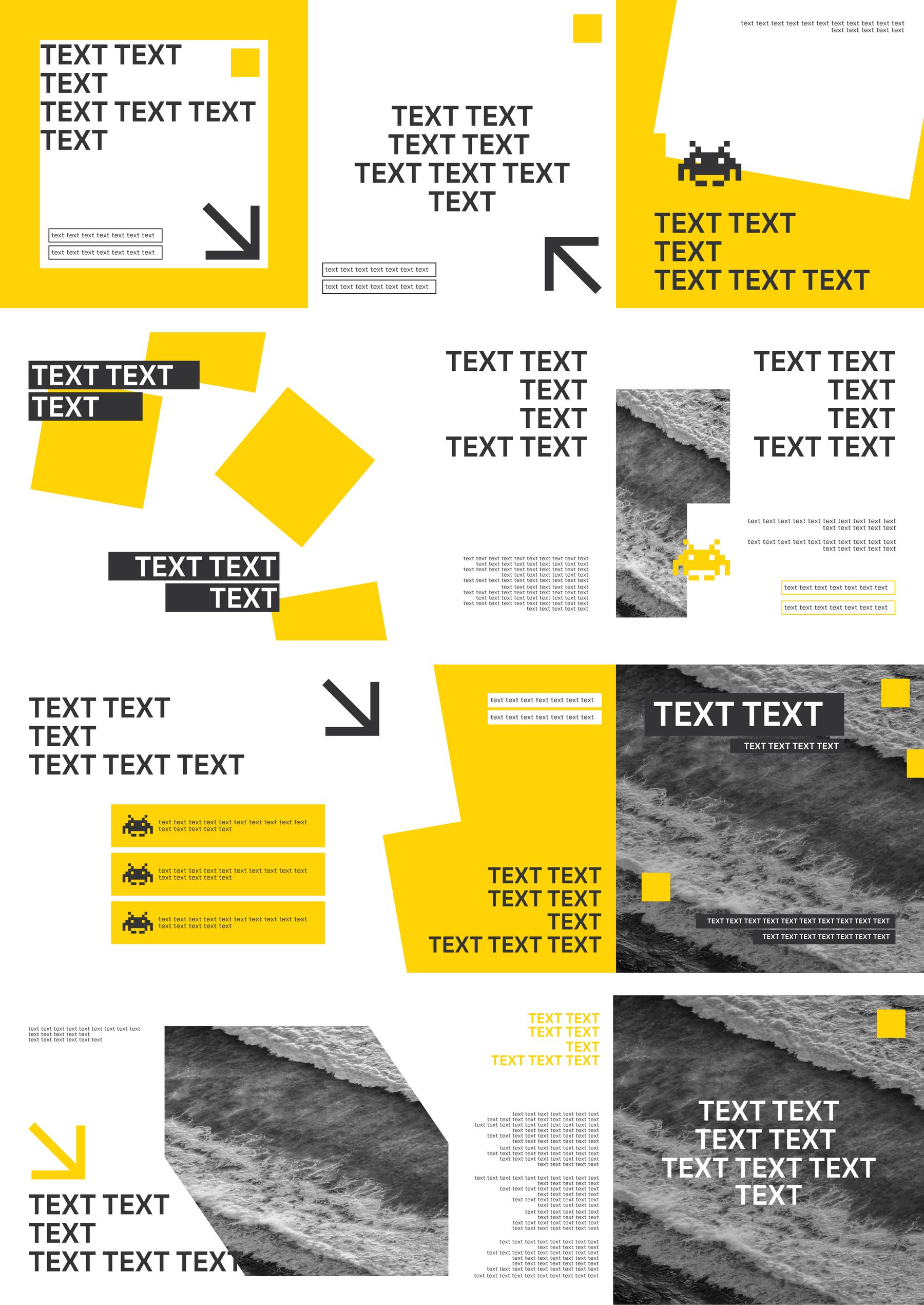Grille de templates Instagram en noir, blanc et jaune