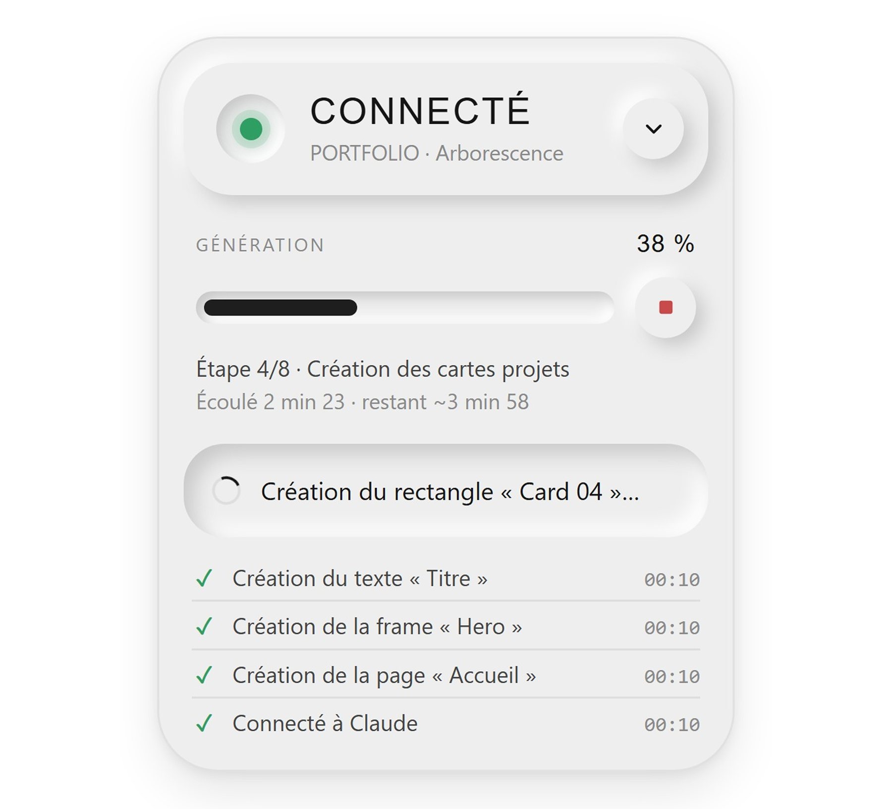 Le plugin pendant une génération : étape 4 sur 8, temps restant, action en cours et historique