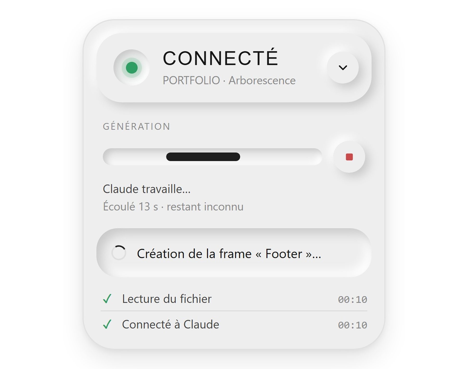 Claude travaille : création de la frame « Footer », temps restant inconnu